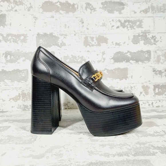New SAM EDELMAN Rowe Platform Black Faux Leather Heeled Loafers i 622 - Picture 7 of 13